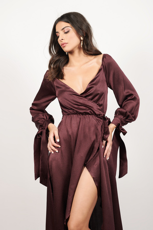 long sleeve burgundy wrap dress