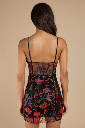 rose black multi embroidered bodycon dress