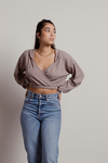 Coti Mocha Surplice Ribbed Cropped Hoodie Top